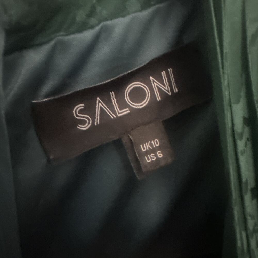 Saloni Bibi Mini Dress Green Silk Jacquard Long Sleeve Faux Wrap US 6 - Picture 12 of 14